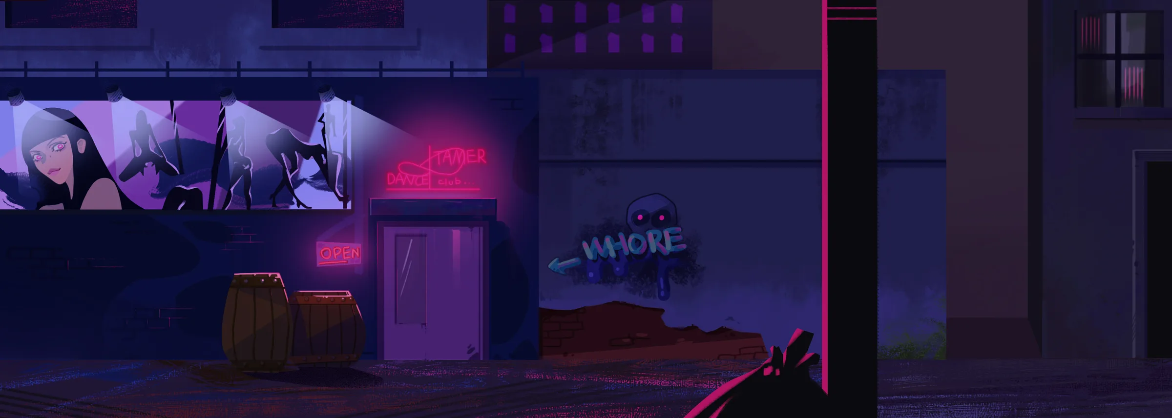 Night alley lit in pink and purple neon