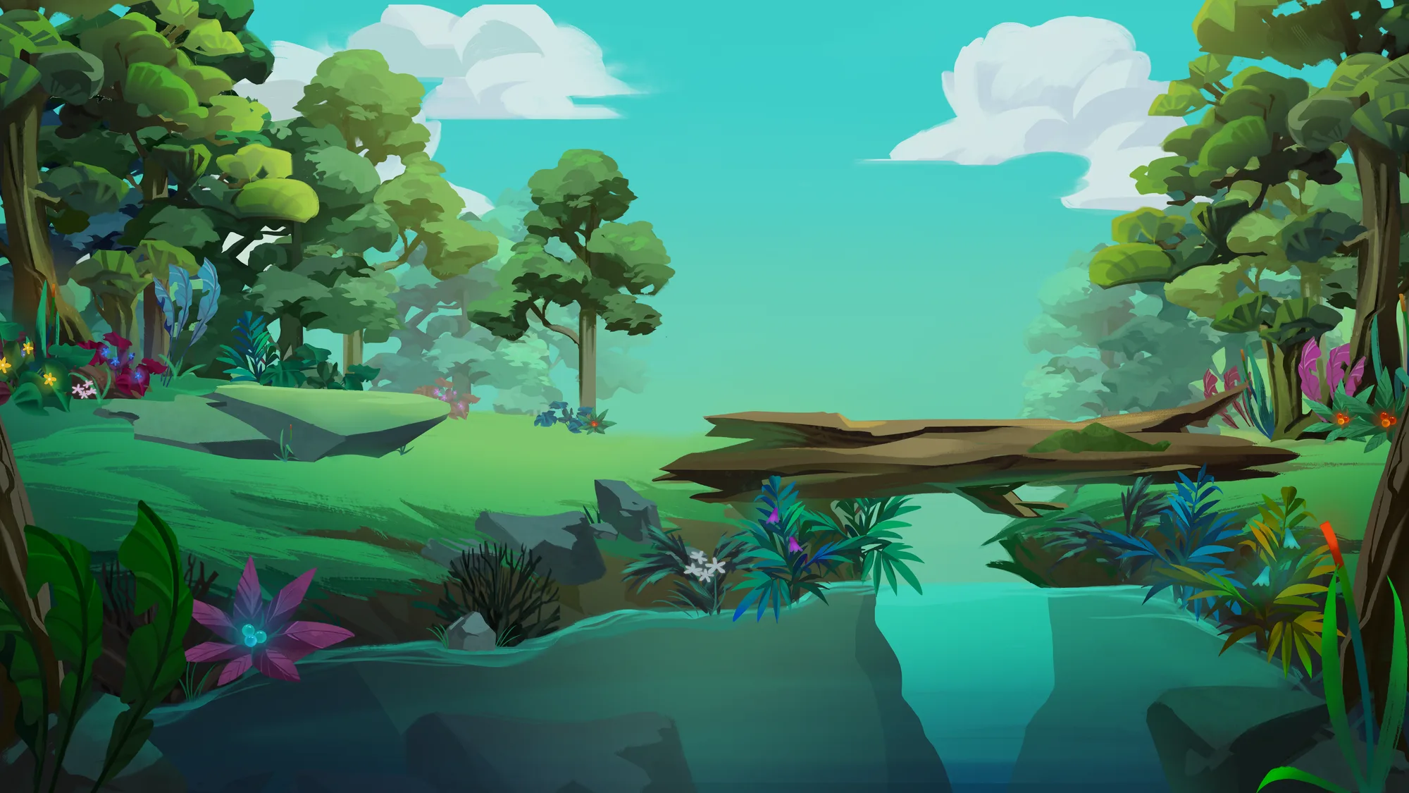 Jungle clearing with a log bridge over a stream