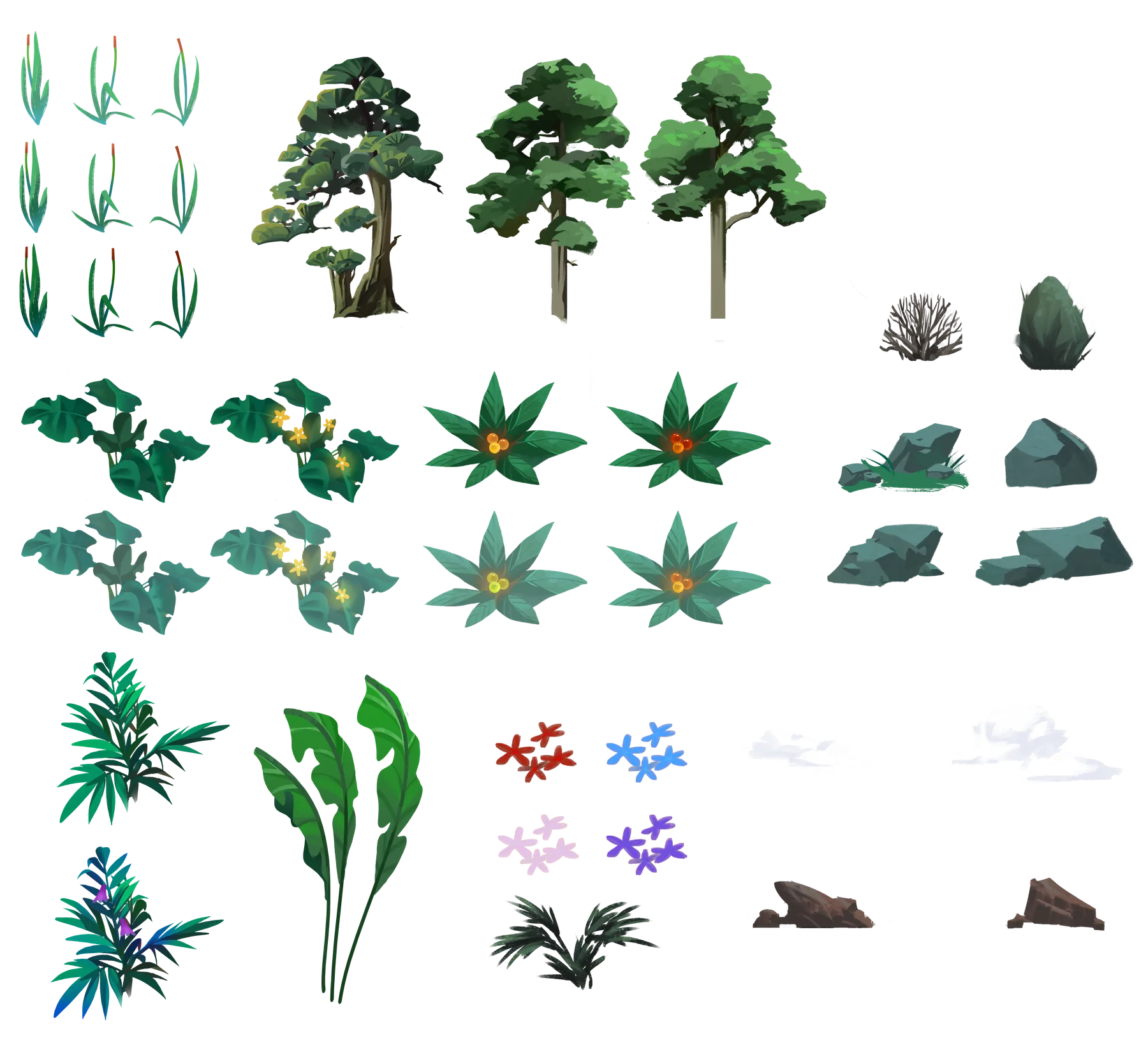 Rainforest elements: trees, leaves, flowers, rocks and clouds