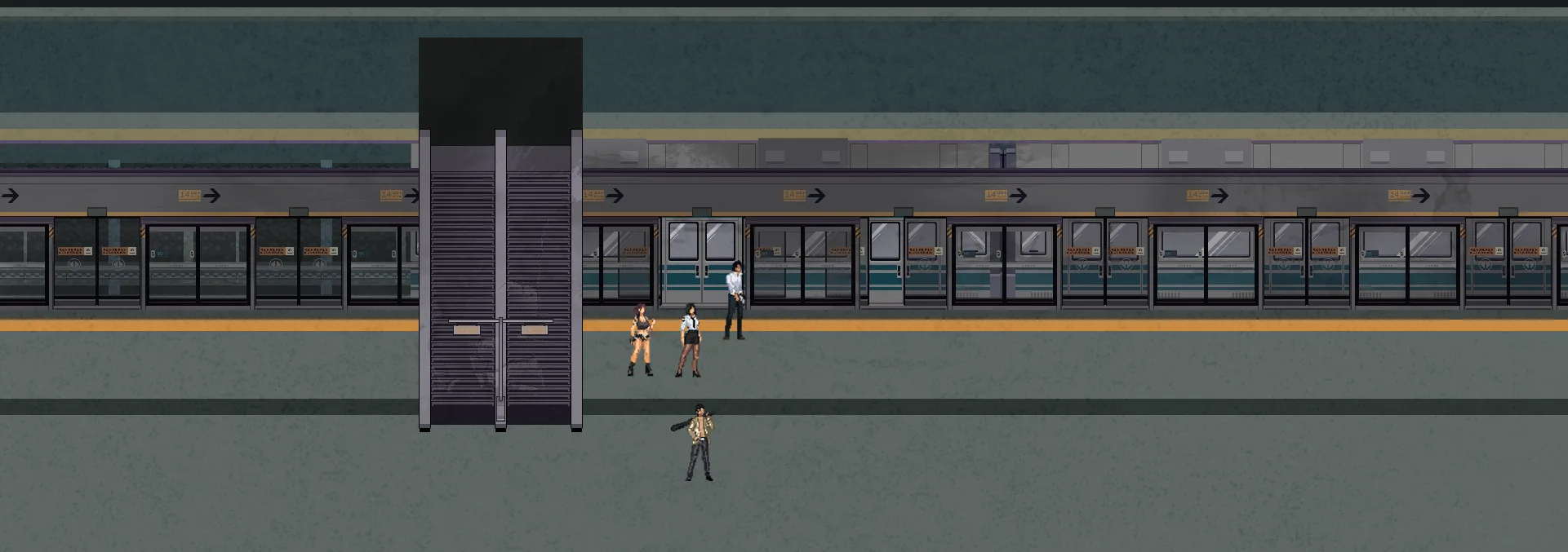 Pixel art subway platform with passengers