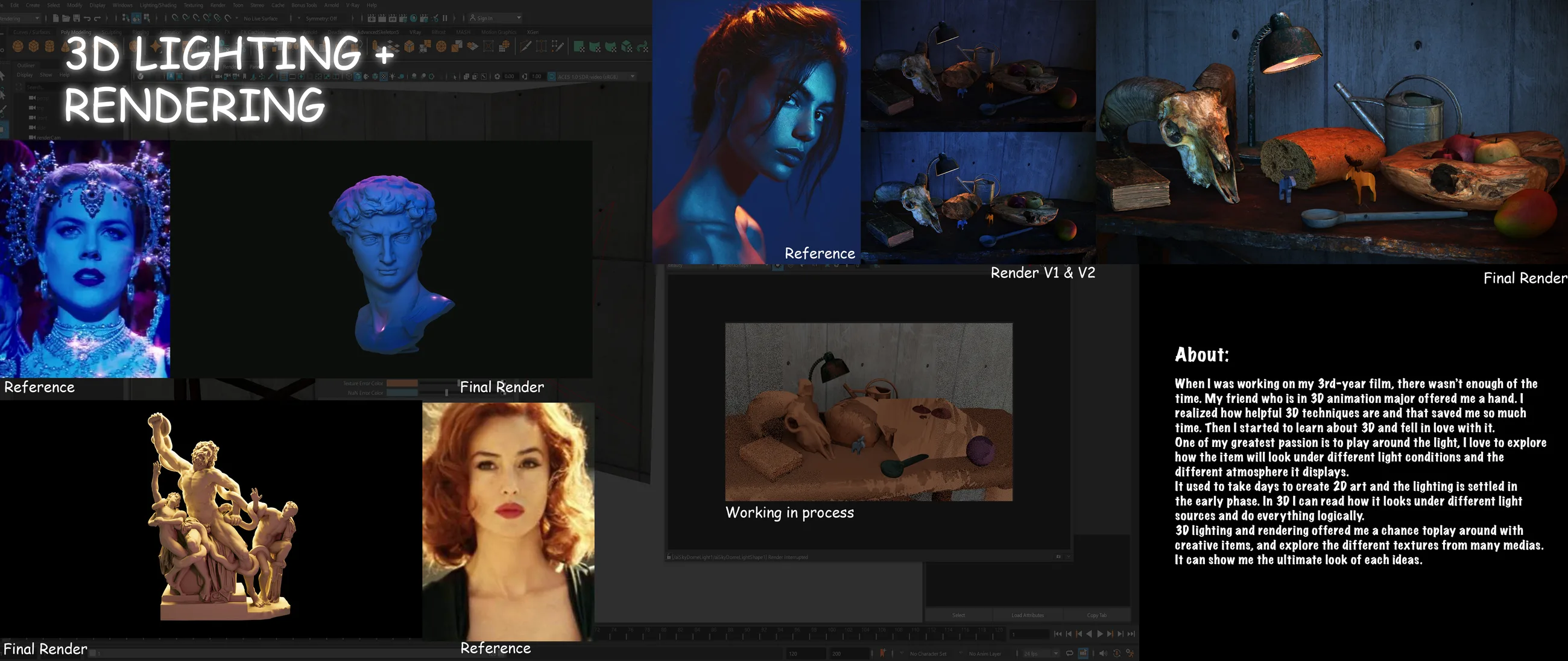 Board of 3D lighting and rendering studies
