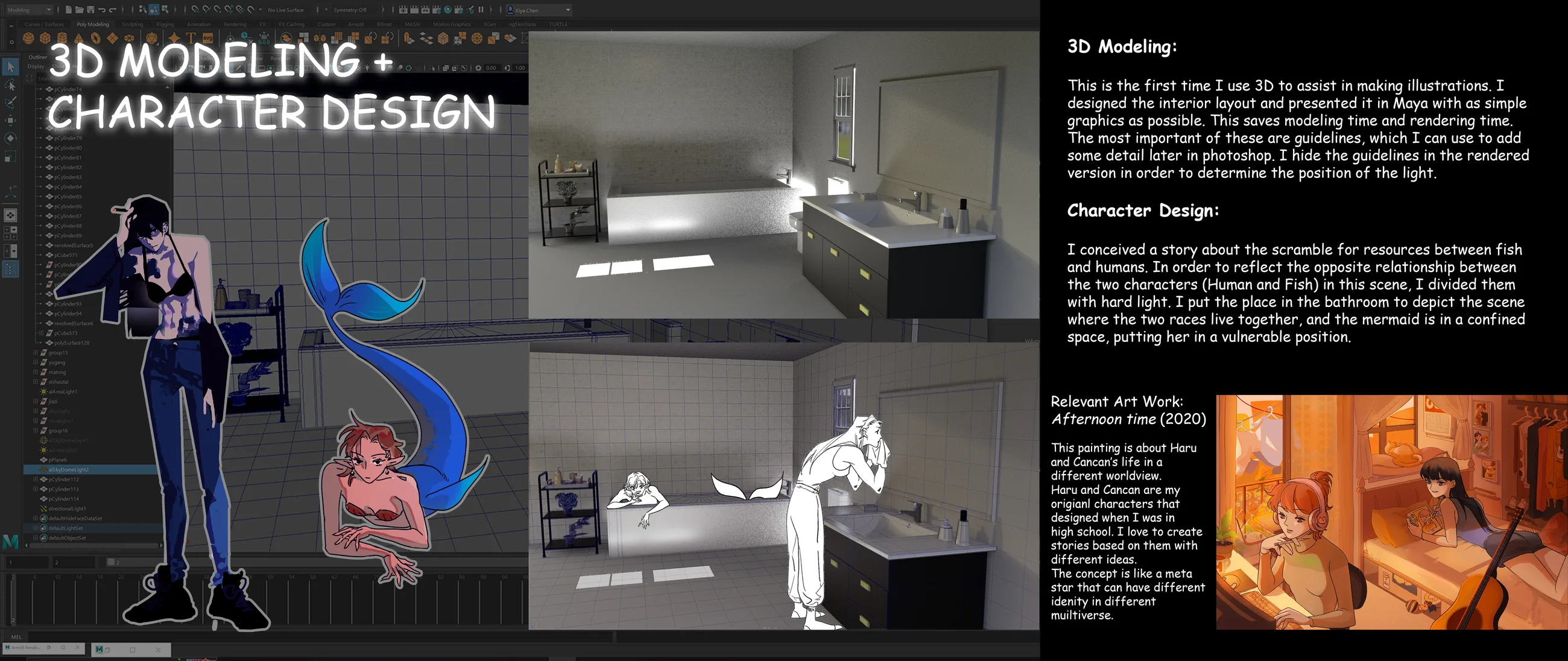 Board of 3D modeling and character design