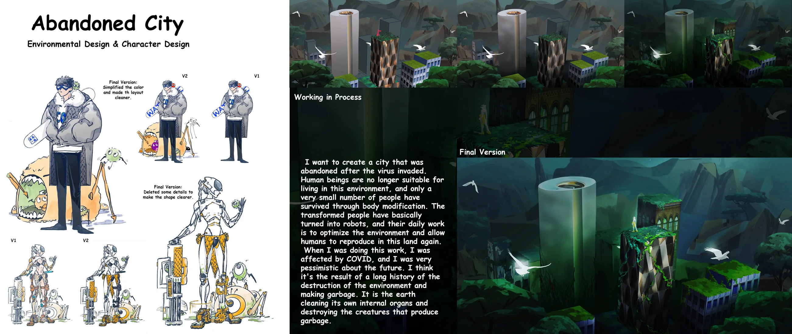 Abandoned City board with character designs and an overgrown city