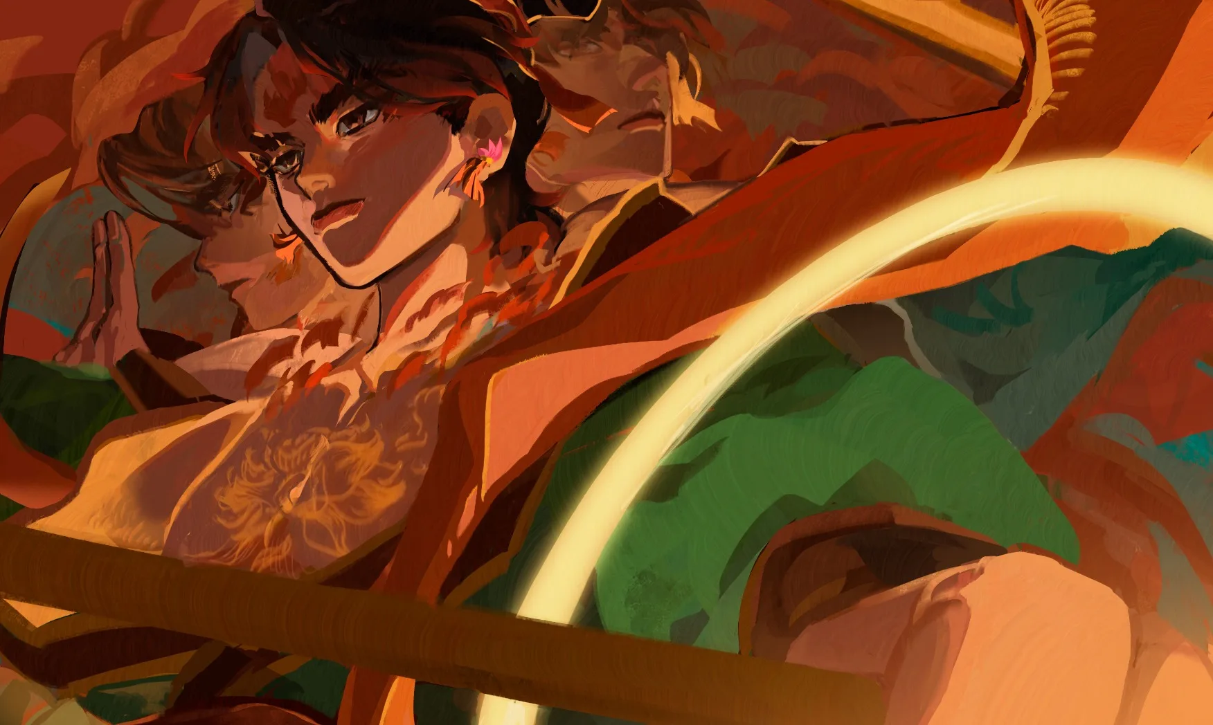 Close-up of Nezha with a fiery ring