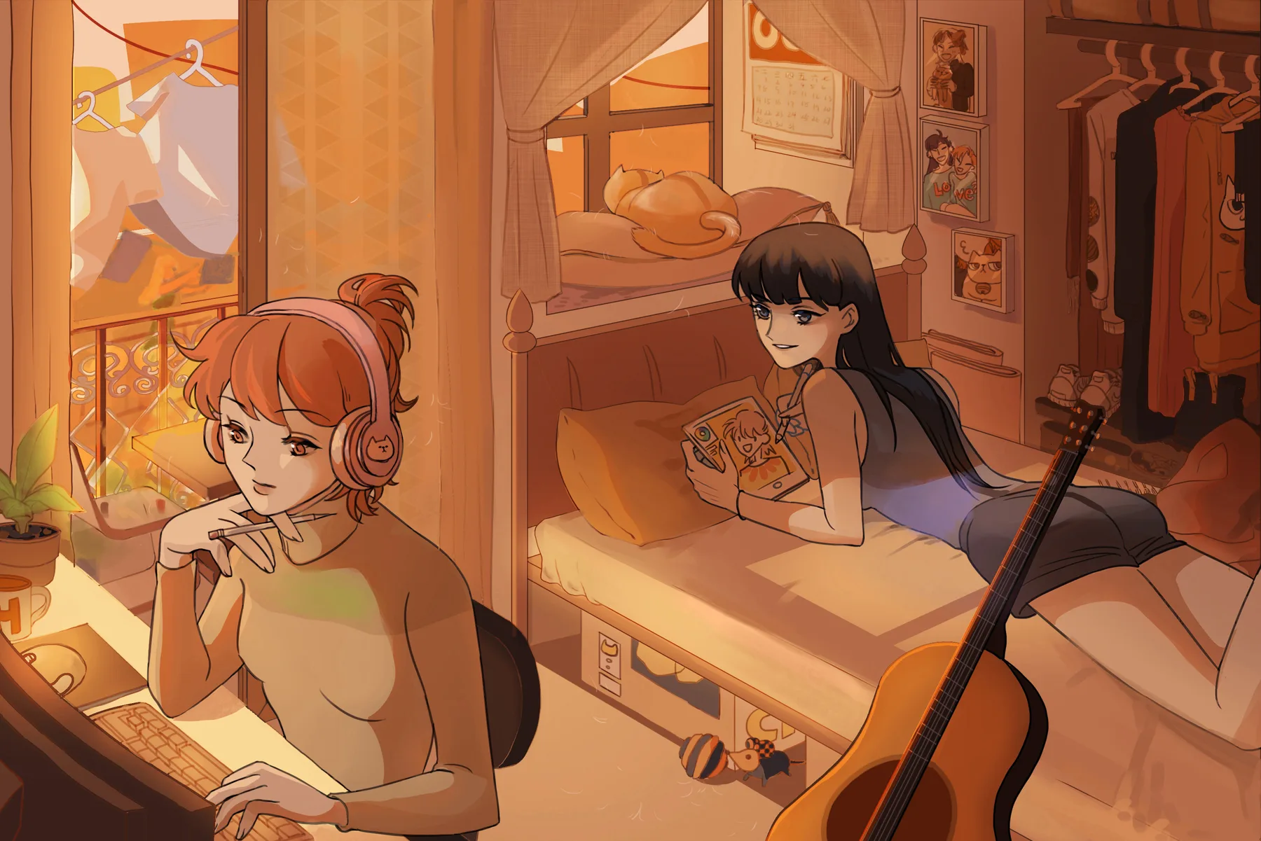 Two girls in a warm bedroom, one at a desk and one reading