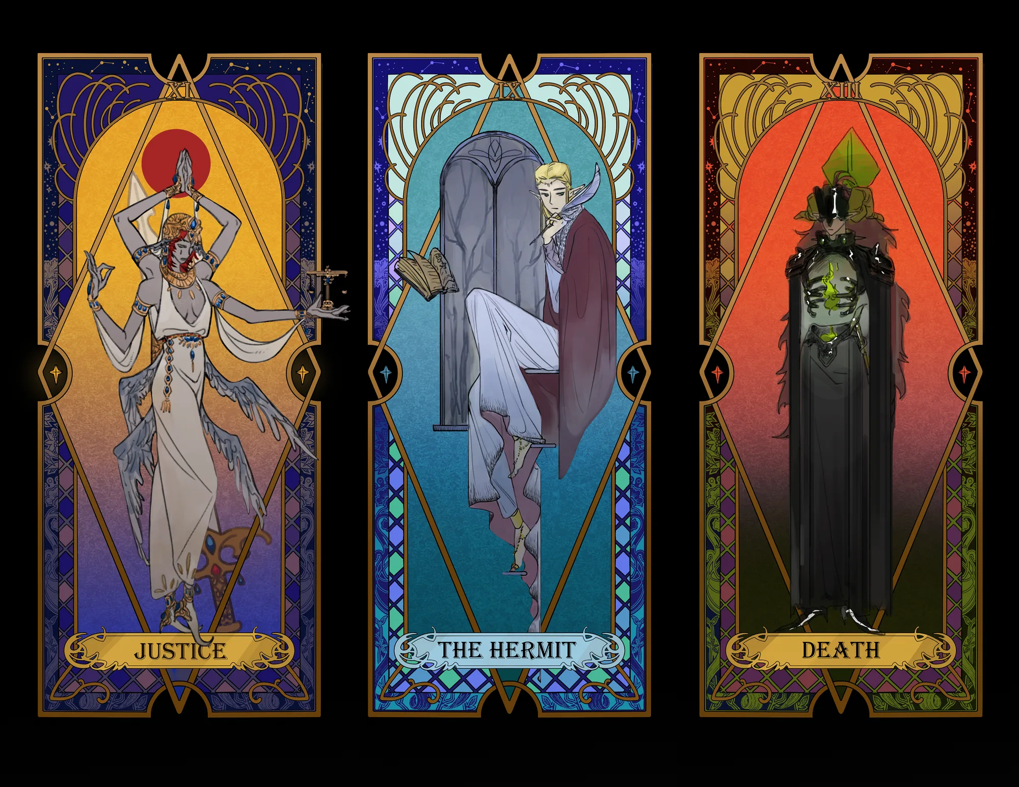 Three tarot cards: Justice, the Hermit and Death
