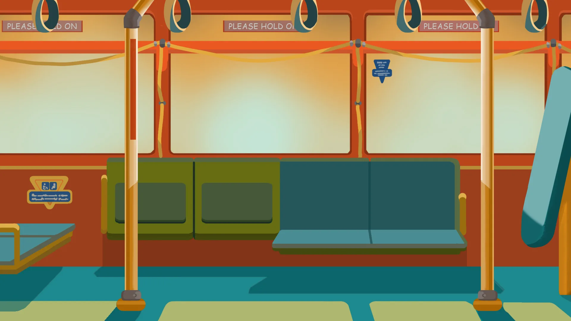 Inside of a bus with teal seats