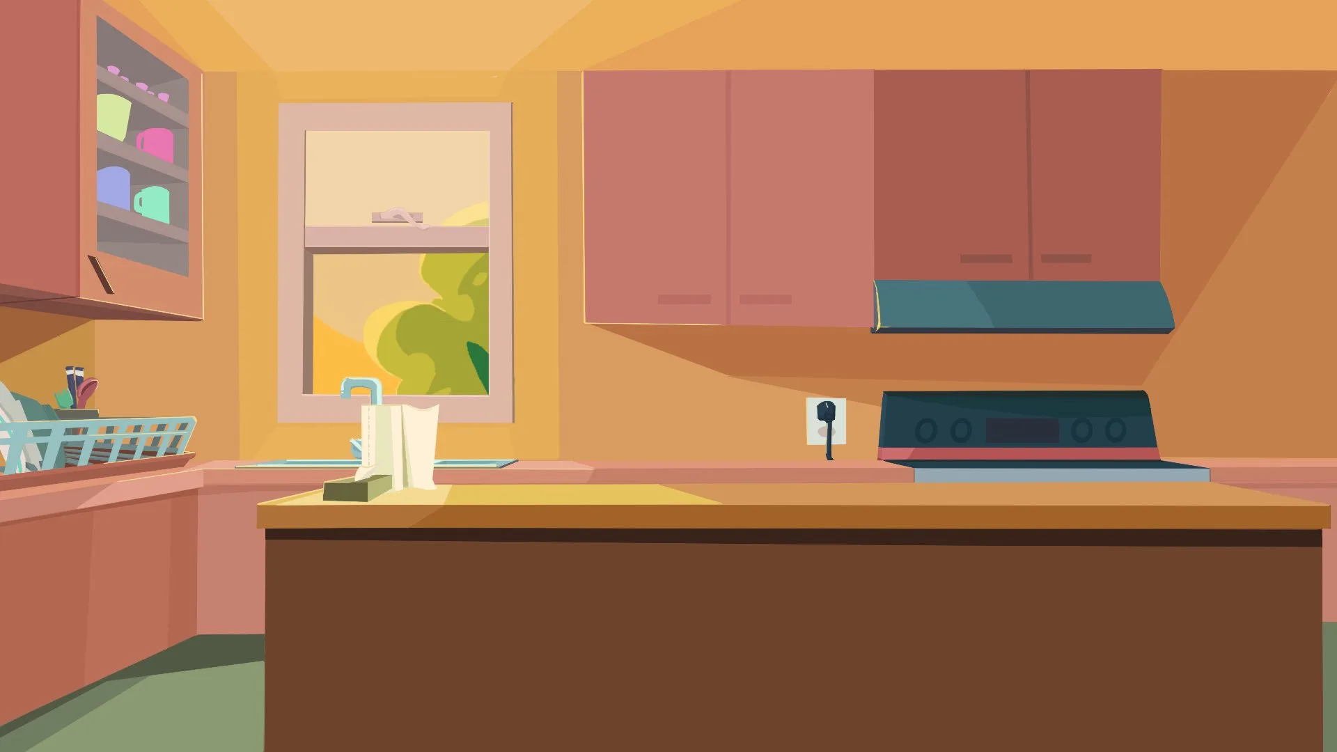 Kitchen with pink cabinets and a window
