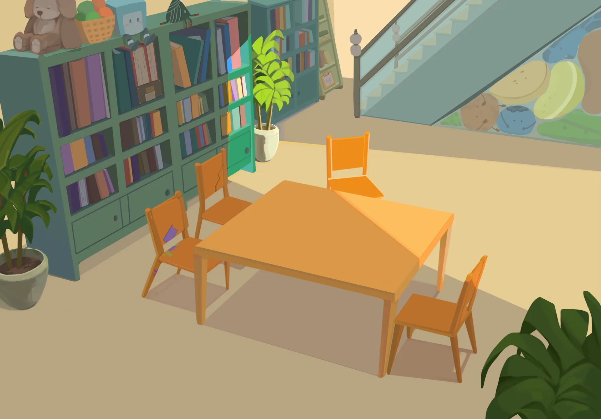 Library with bookshelves and a wooden table