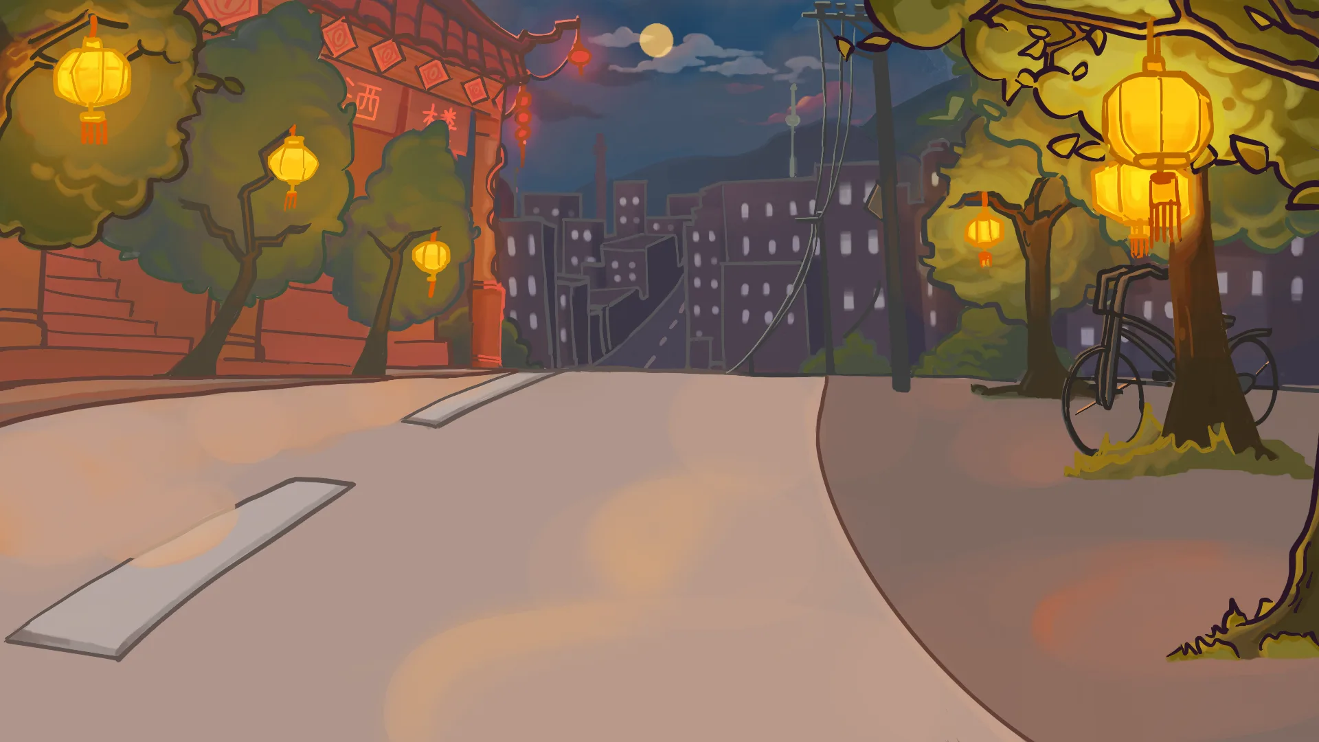 Night street with lanterns hanging from trees