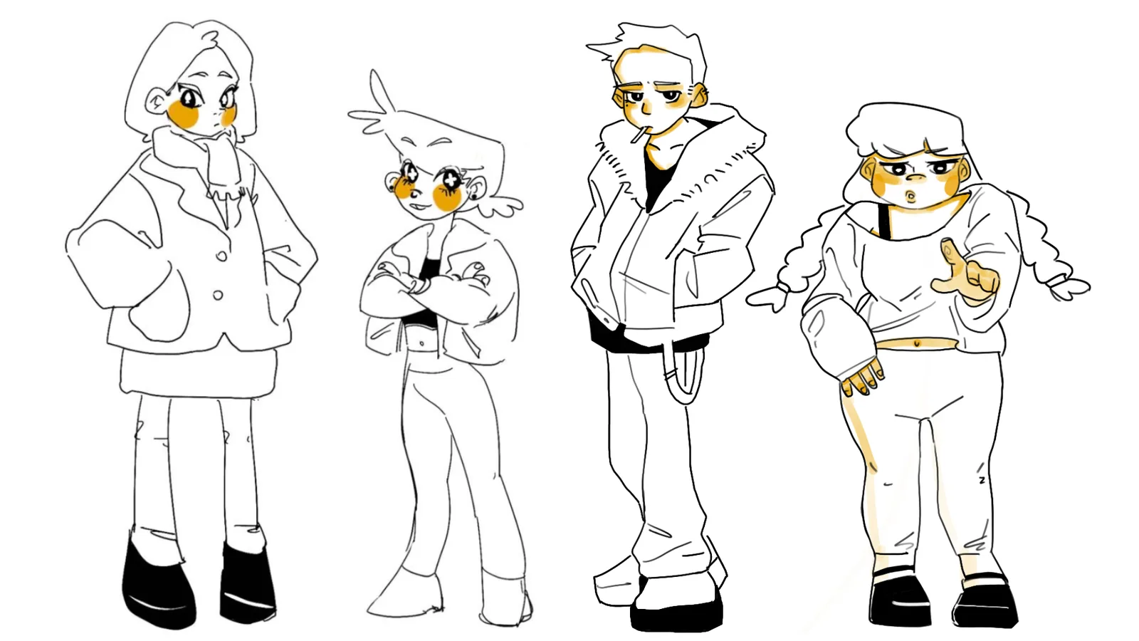 Line art drafts of four characters in winter clothes