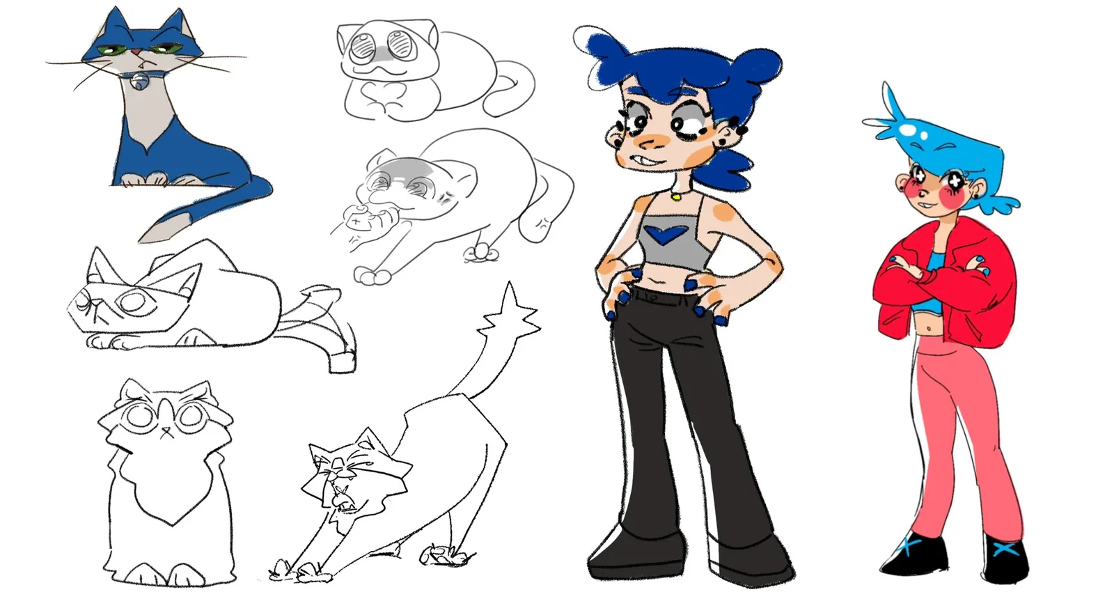 Sketches of cats and two characters