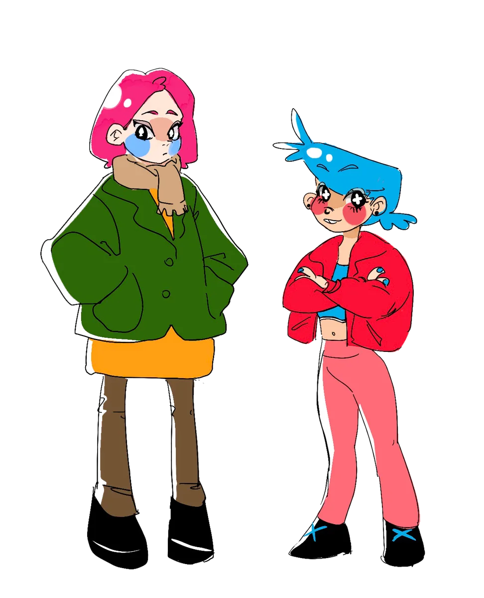 Two characters in winter jackets, one green and one red