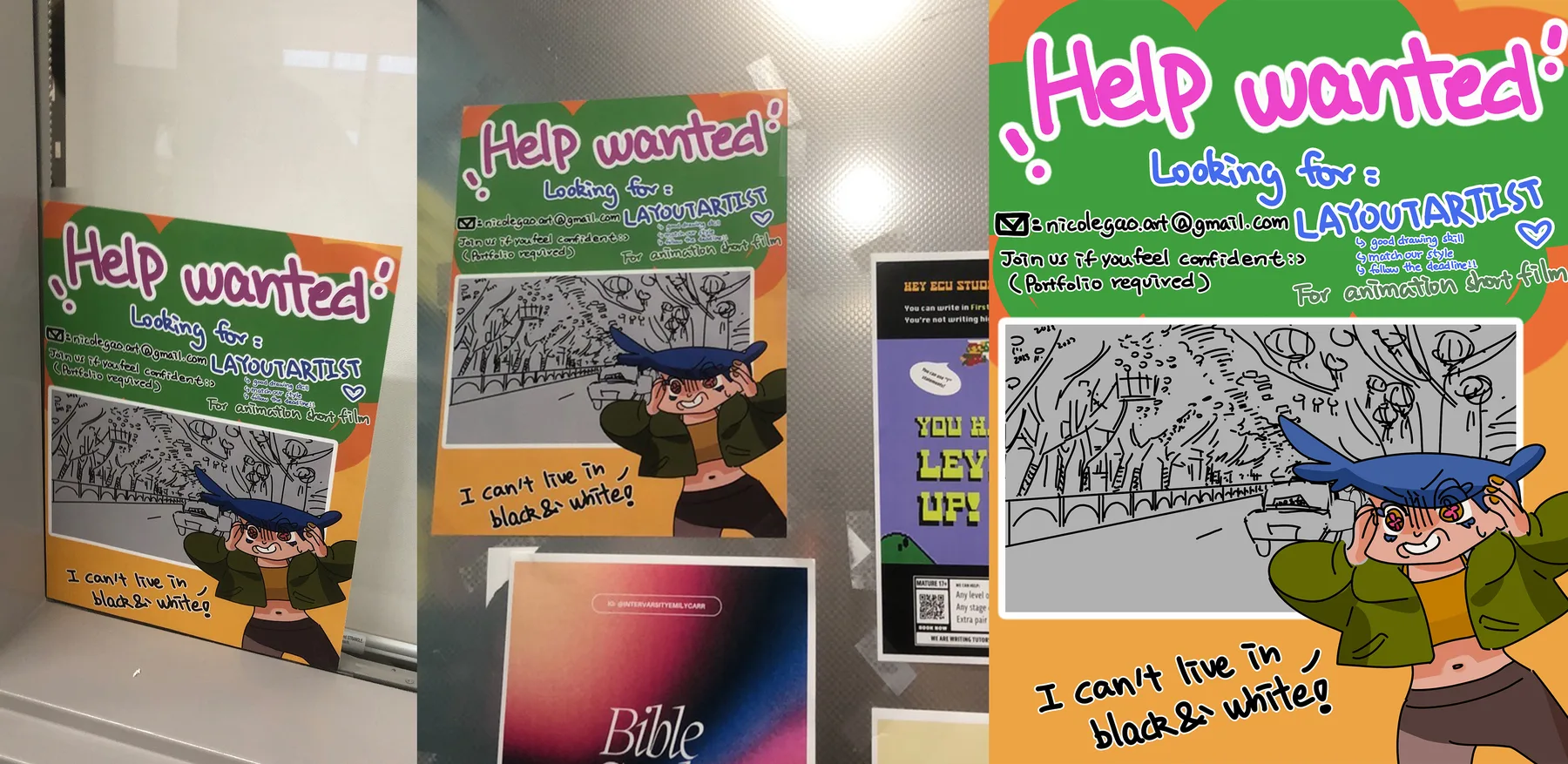 Help wanted posters on a campus board