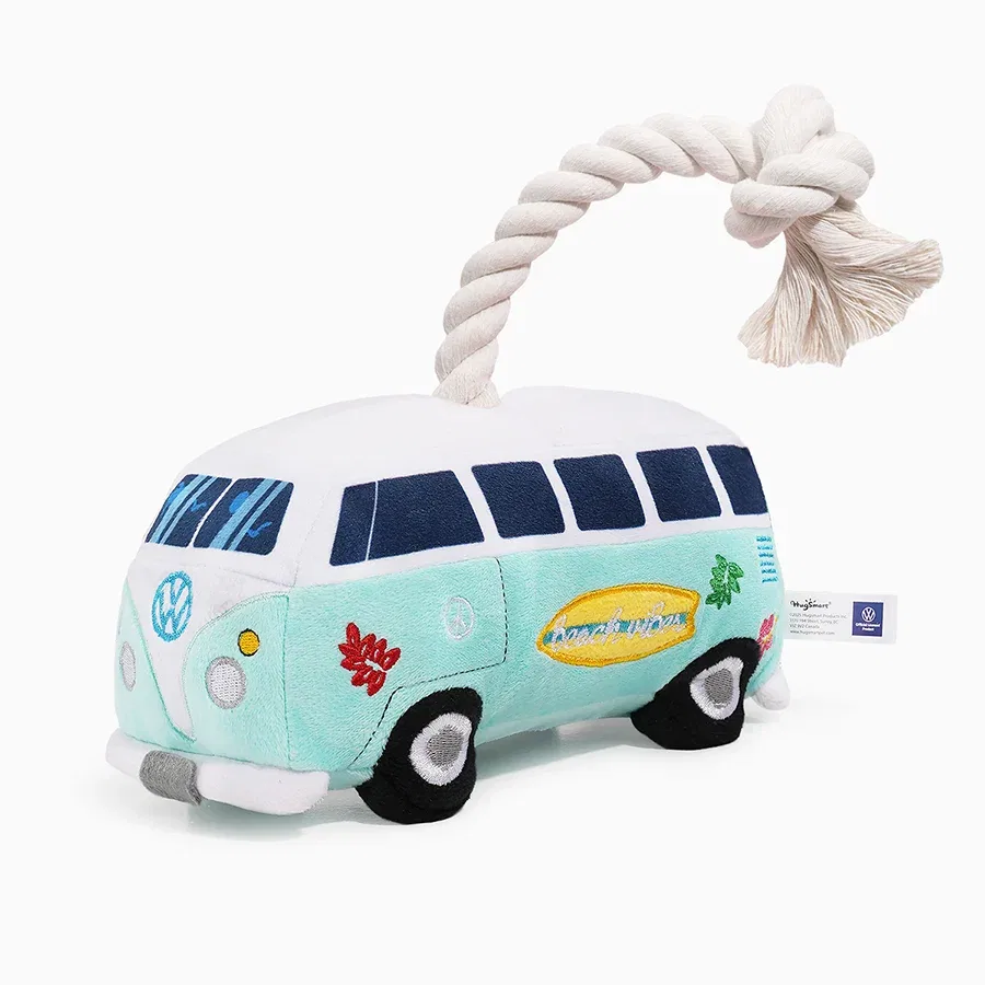 Mint plush VW bus with a surfboard patch and a rope handle