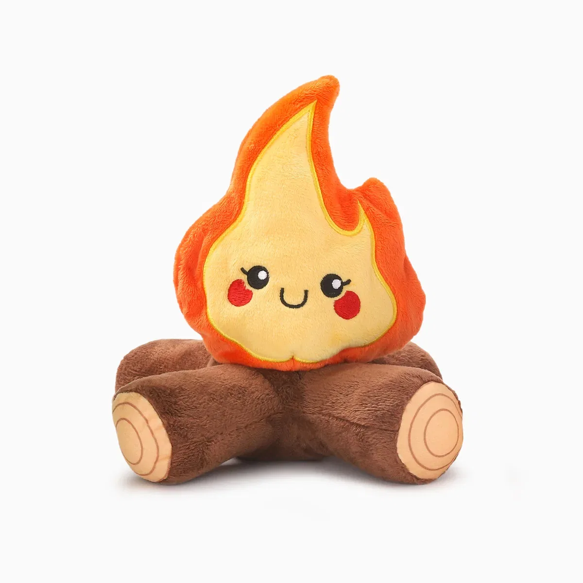 Smiling campfire plush on two plush logs