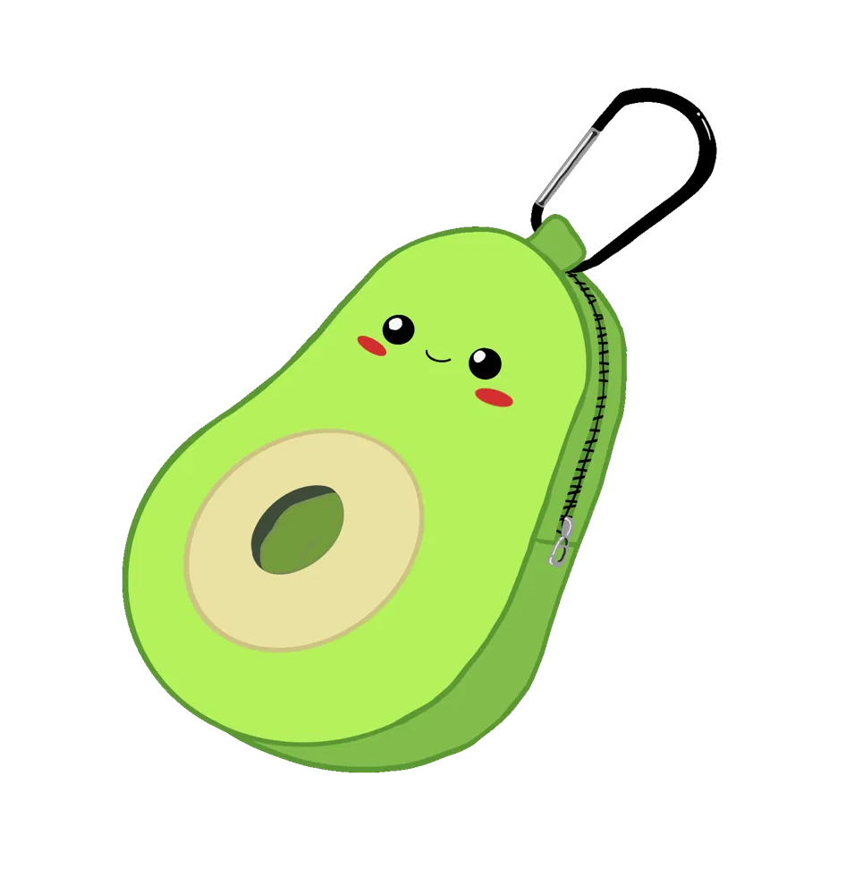 Smiling avocado poop bag holder with a zipper along its side