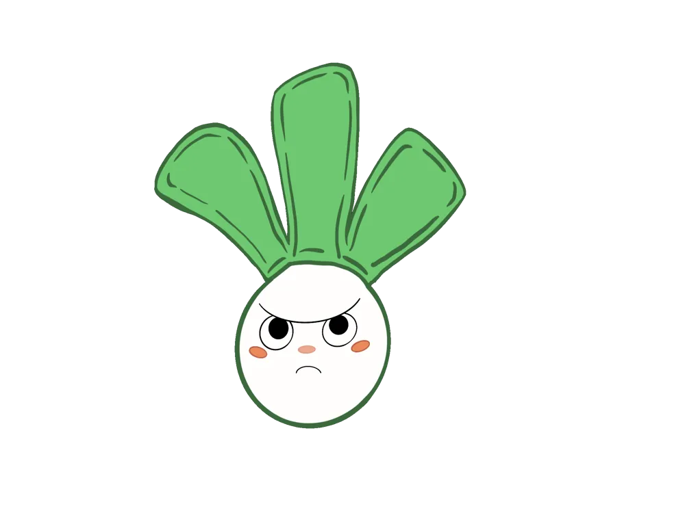 Grumpy bok choy character with three leaves