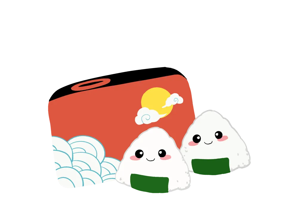 Two onigiri characters in front of a red bento box with waves and a sun