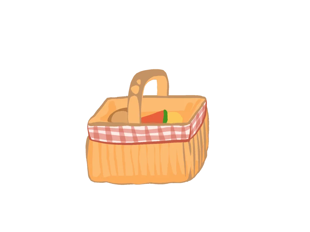 Picnic basket with a gingham lining, bread and a carrot