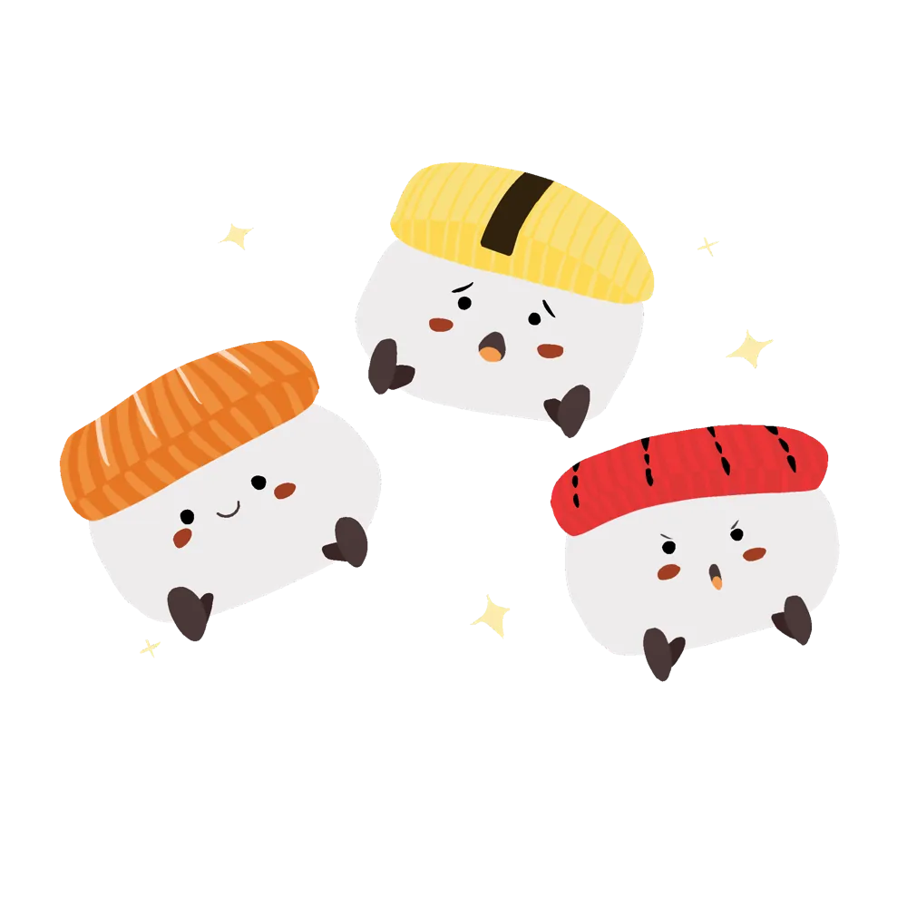 Three sushi characters with salmon, egg and tuna toppings