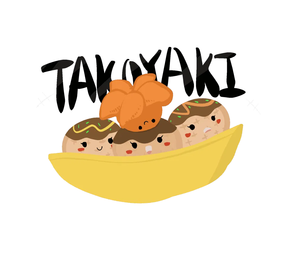 Three takoyaki characters in a yellow boat with an octopus on top