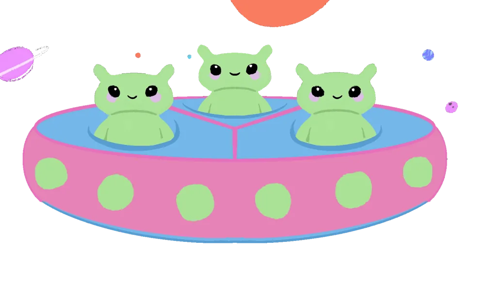 Three green aliens in a pink and blue flying saucer
