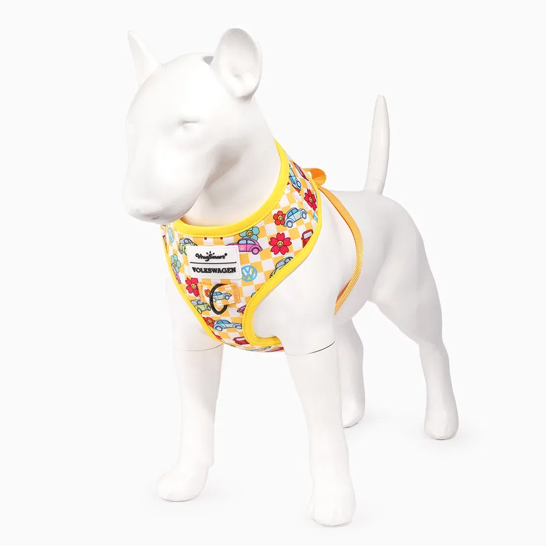 Dog harness printed with Beetles and flowers on a yellow checkerboard