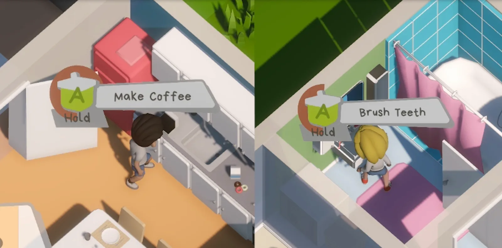 In-game view of two players with Make coffee and Brush teeth prompts