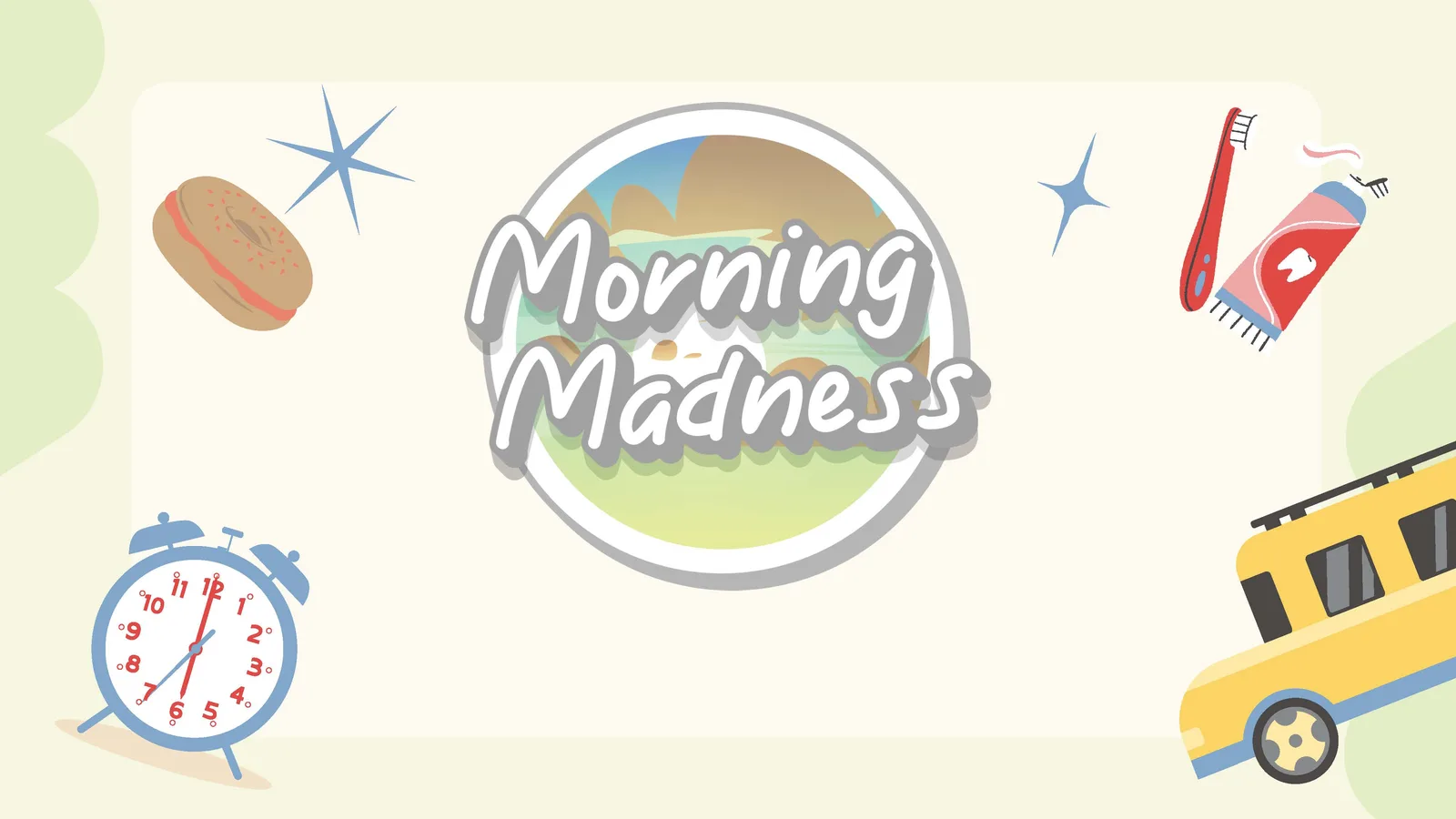 Morning Madness logo with an alarm clock and a school bus