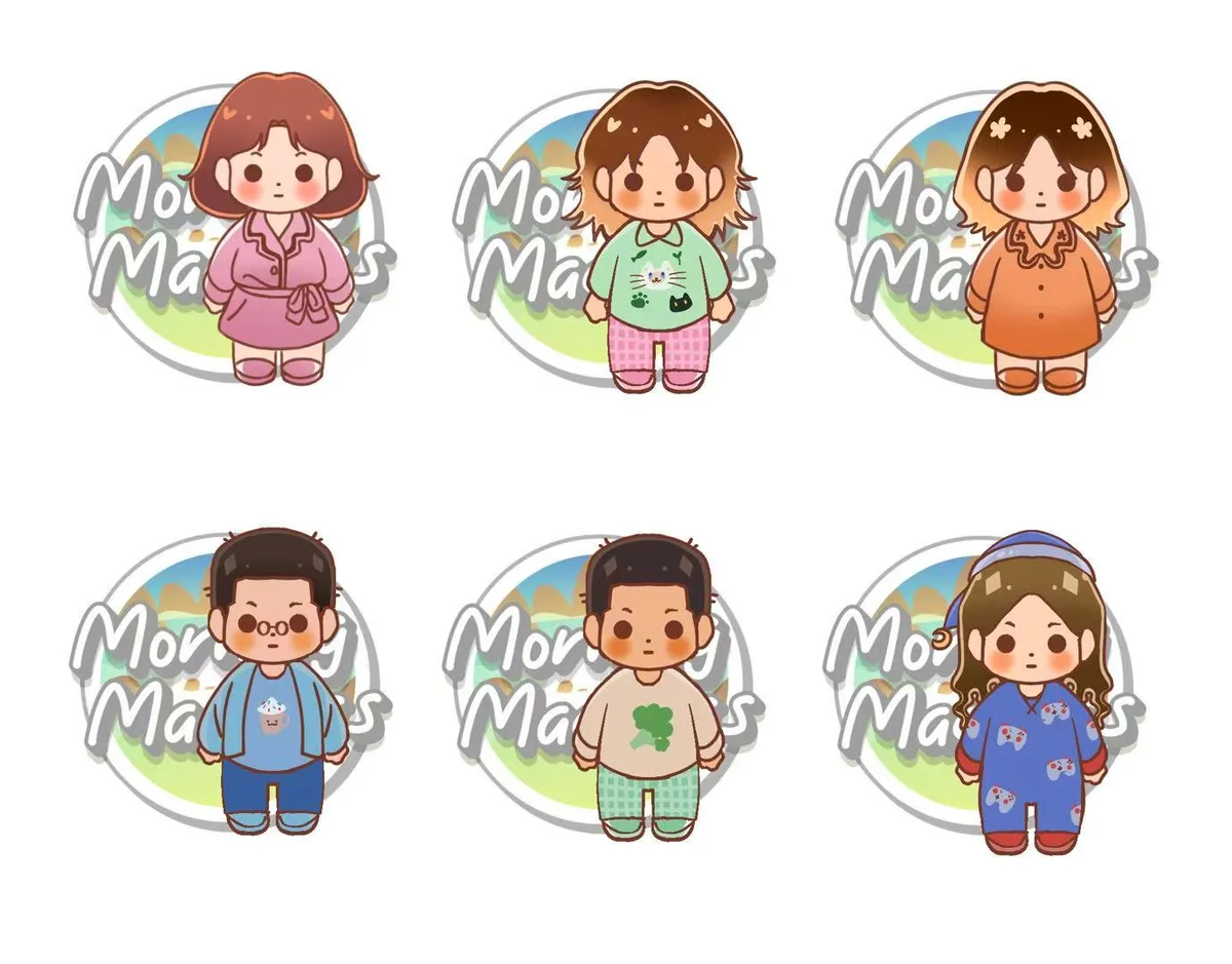 Six chibi character portraits in pyjamas