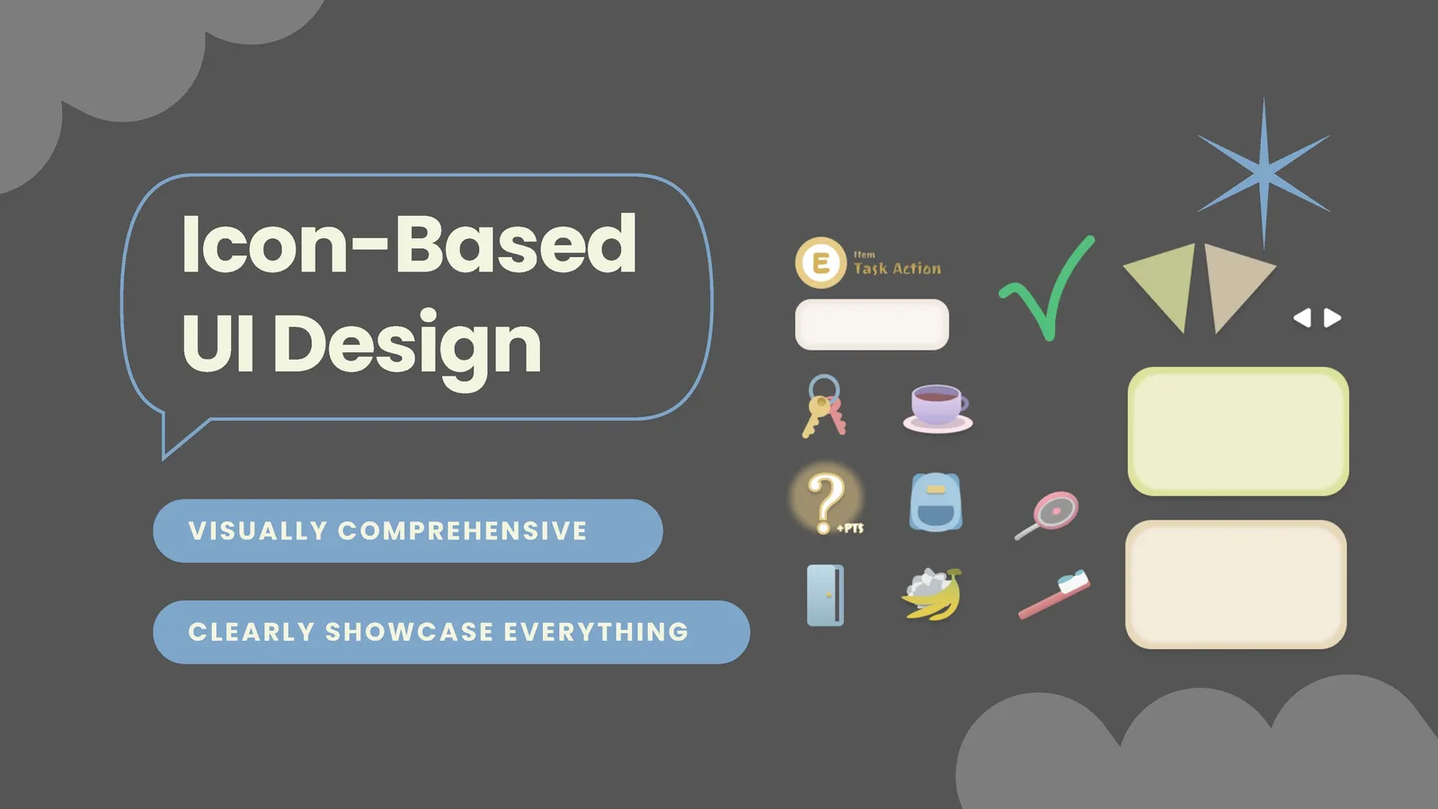 Icon-based UI design slide with task icons