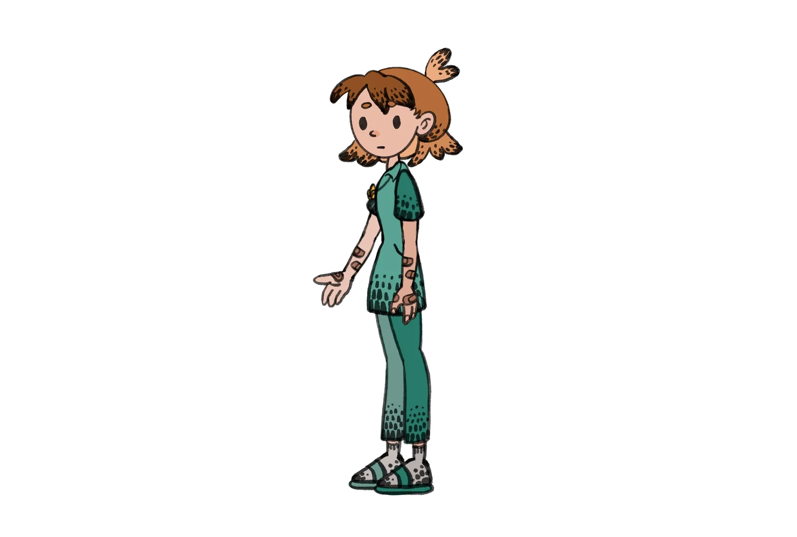 Final colour design of Haru in a green outfit