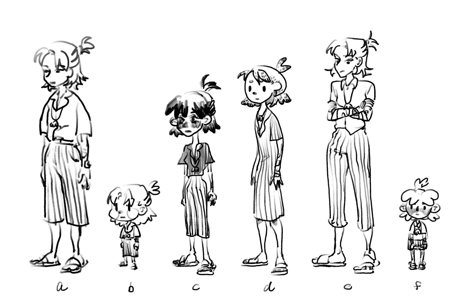 Six pencil drafts of Haru, labelled a to f