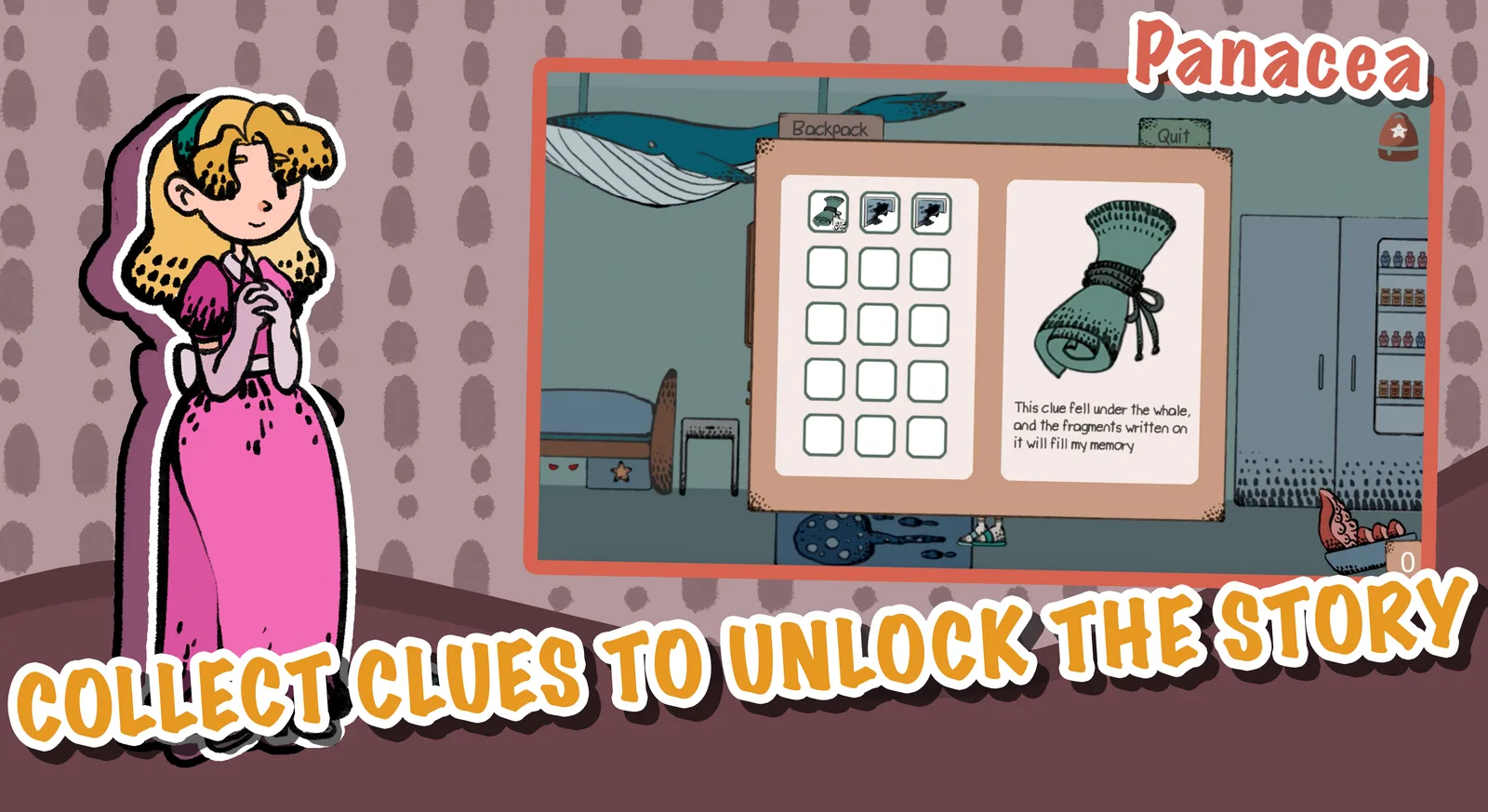 Key art: a girl in a pink dress beside the backpack screen, captioned Collect clues to unlock the story