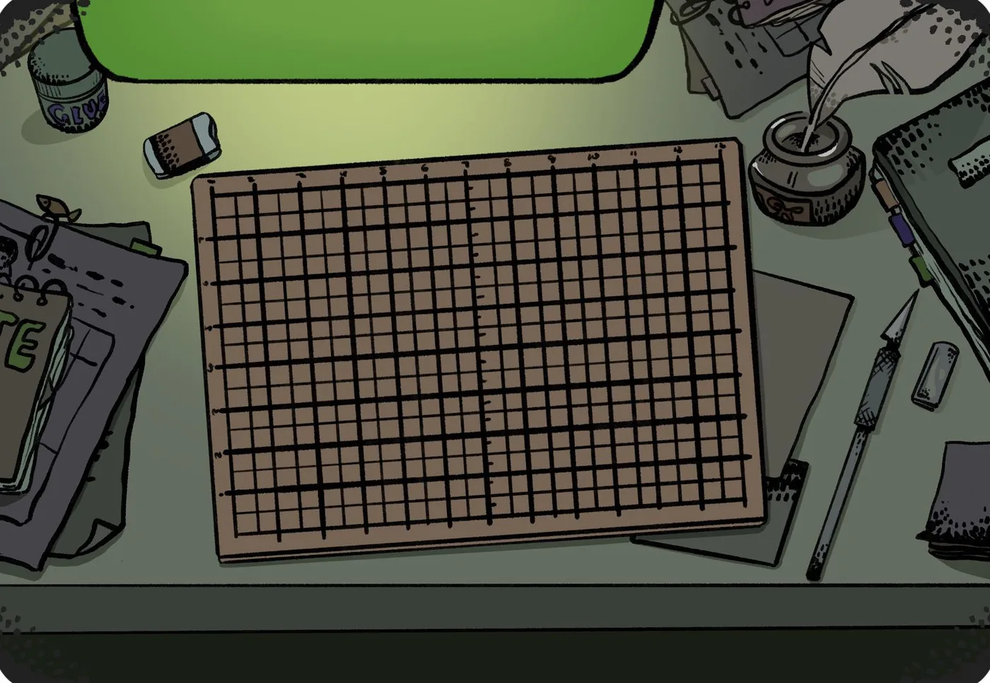 Top-down view of a desk with a cutting mat, pens and papers