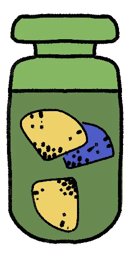 Green jar of yellow powder