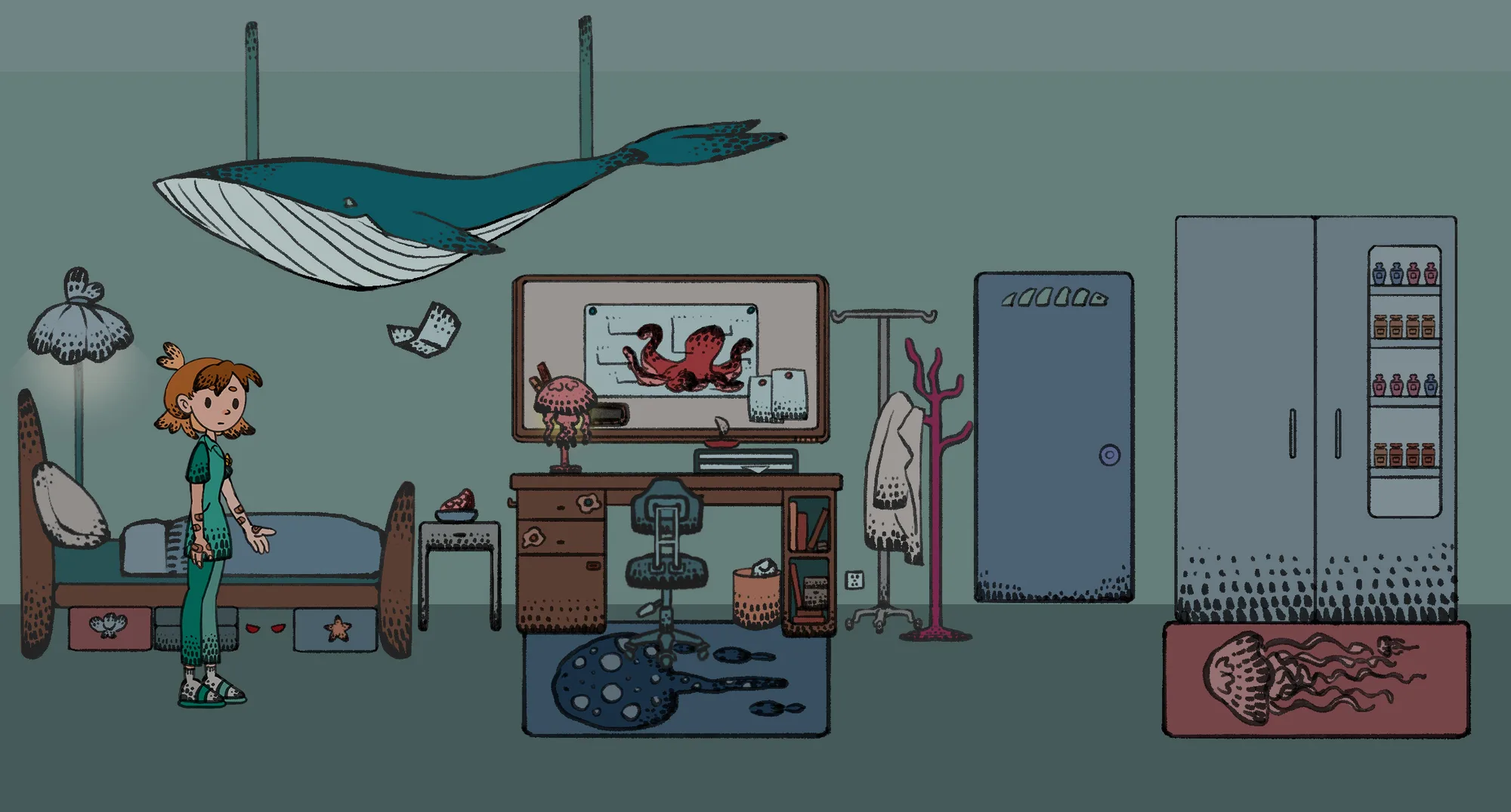 Bedroom scene from Panacea with a whale hanging from the ceiling
