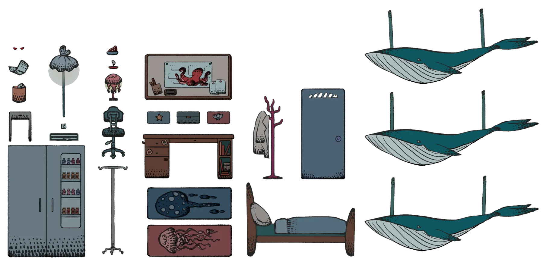 Room props laid out separately: furniture, lamps and three whales