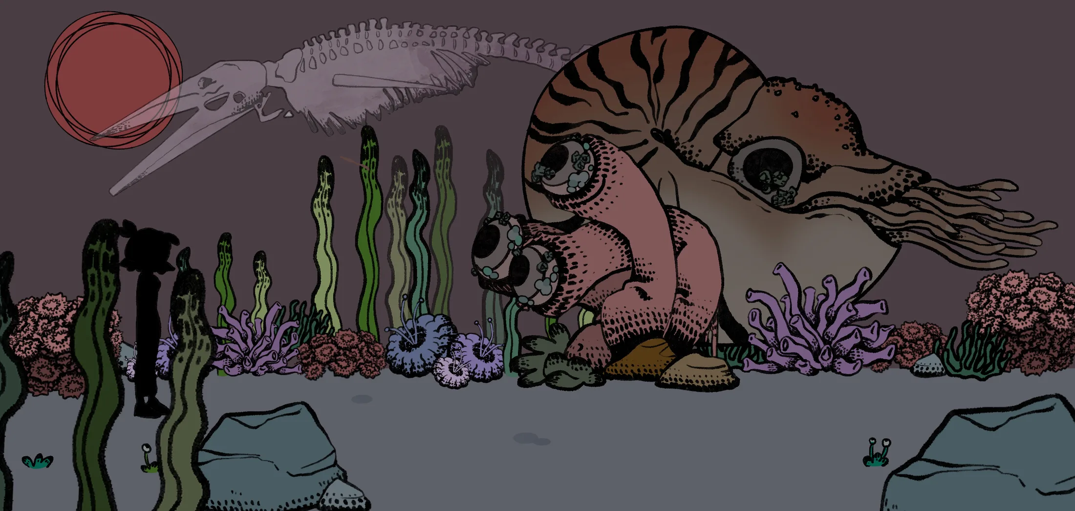 Underwater level with a whale skeleton, a giant nautilus and coral